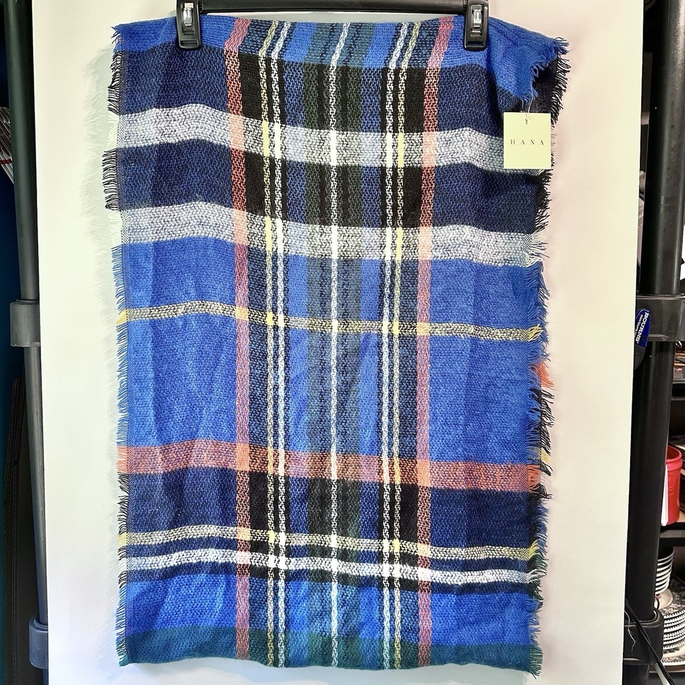 HANA Checker Plaid Infinity Scarf Blue Black Multicolor Fringe NWT Acrylic